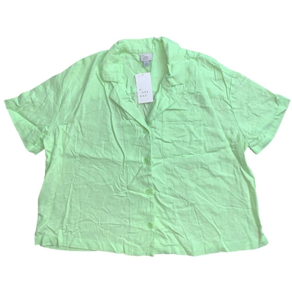 A New Day Womens Lime Green Button-Up Collared Short Sleeve Shirt Size Large - Picture 4 of 7